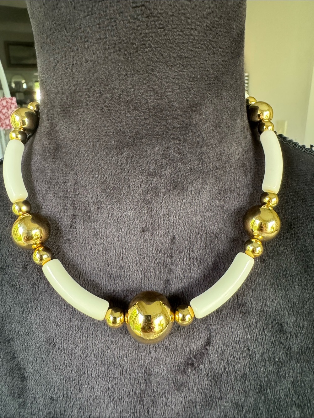 VTG Gold and Cream Tube Bead Statement Necklace